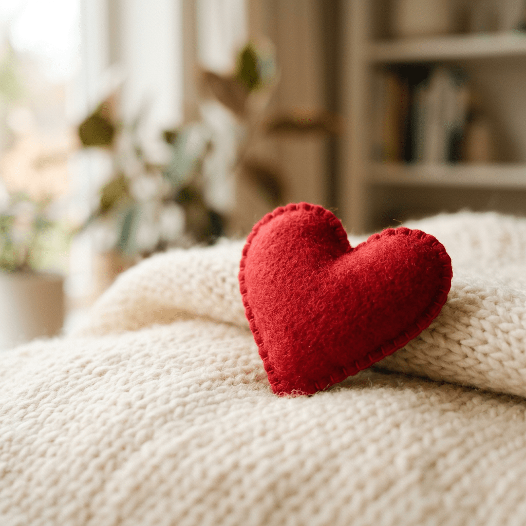 Red felt heart on cream knitted blanket indoors