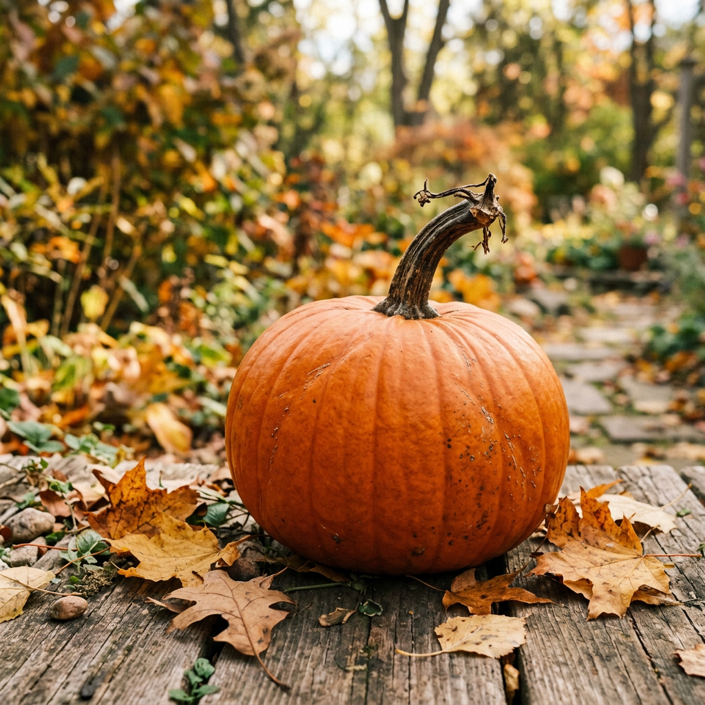 Orange pumpkin surrounded by fallen leaves on a wooden table