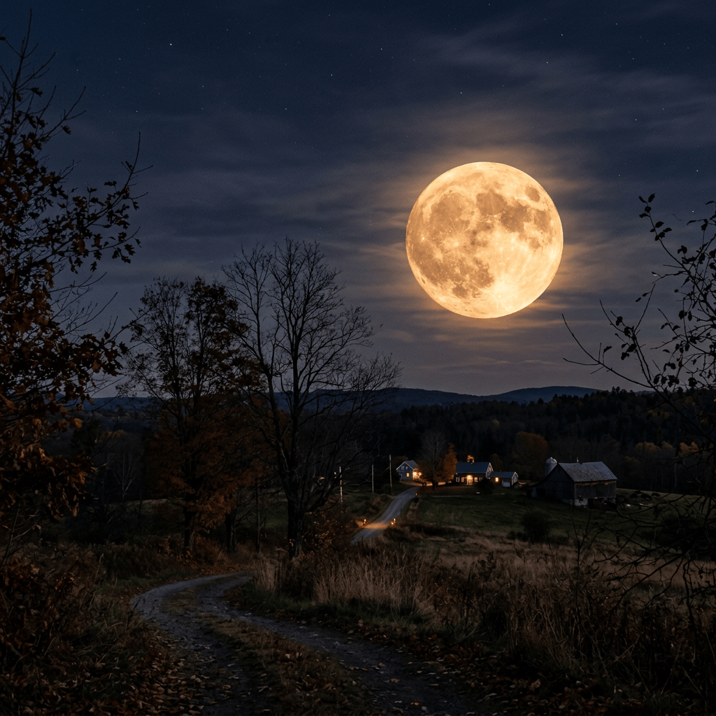 Full moon above a rural valley with trees, farm buildings, and a winding road
