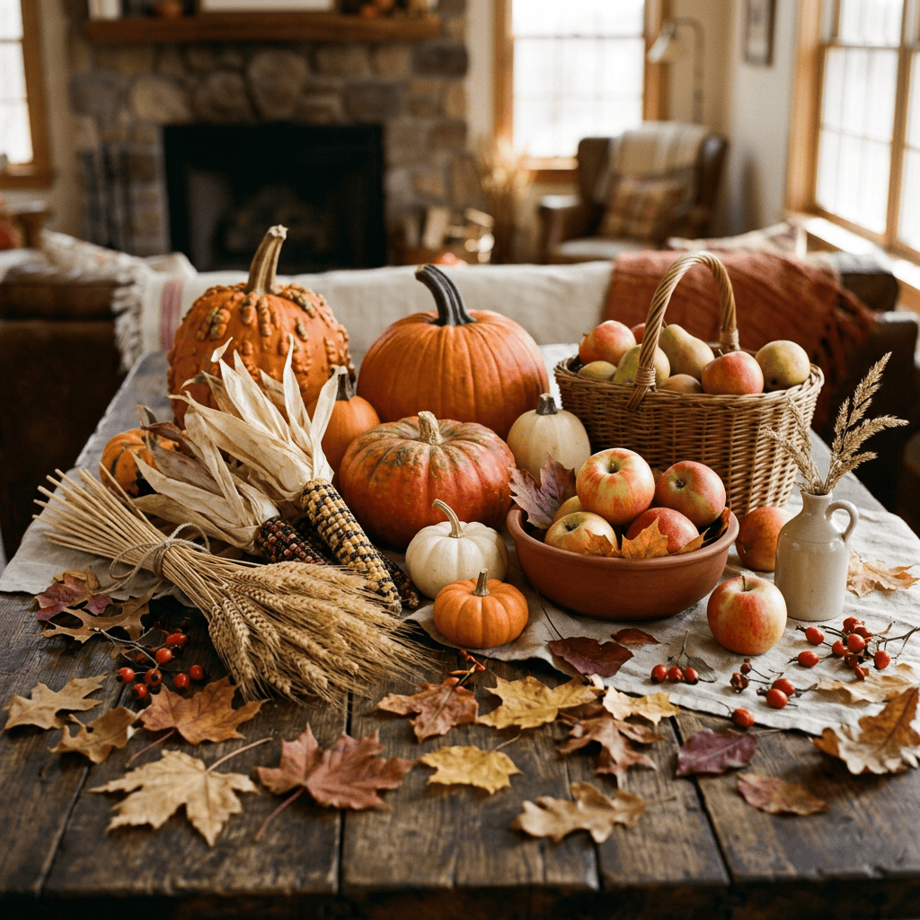 Autumn table display with pumpkins, apples, corn, wheat, and fallen leaves