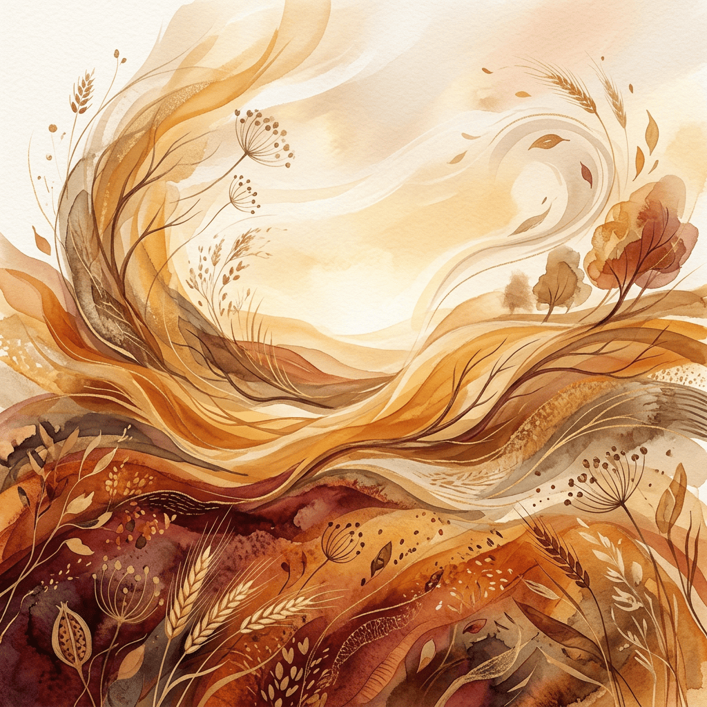 Abstract watercolor landscape with autumn leaves, grasses, and flowing botanical forms