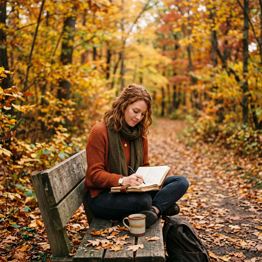 Woman journaling with coffee on a bench along an autumn forest path