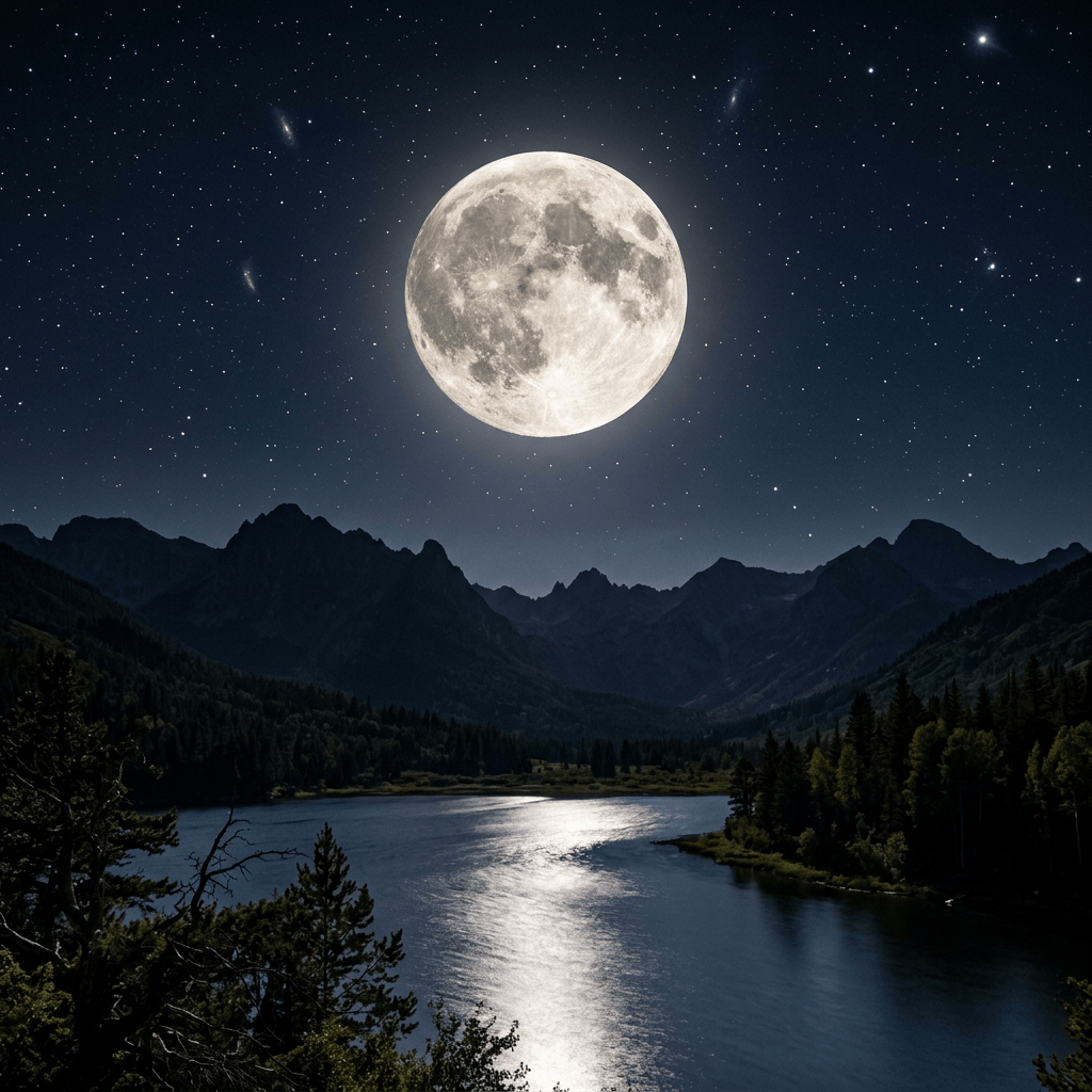 Full moon over a mountain lake reflecting light beneath a starry sky